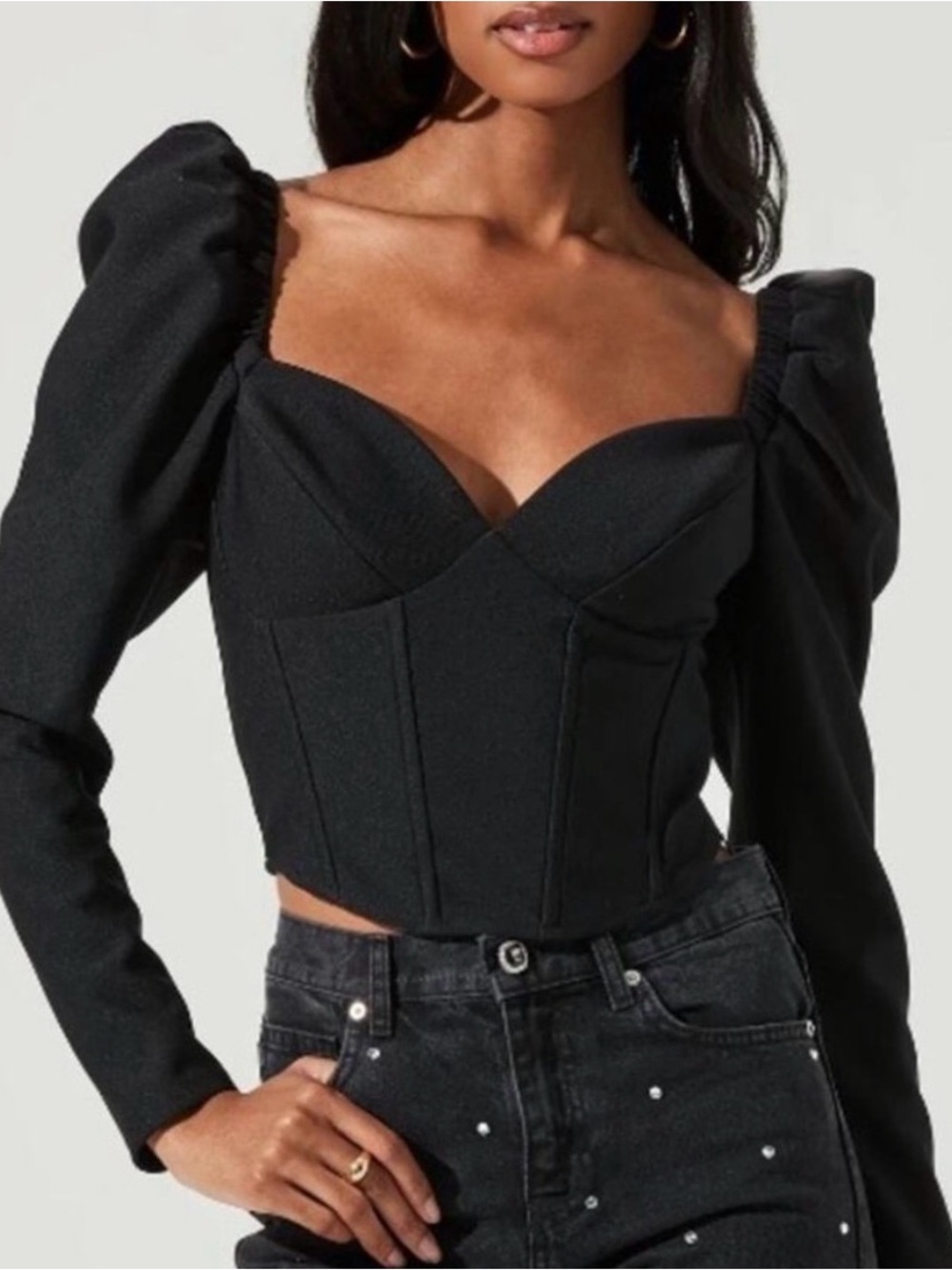 Astr the Label Black Puff Sleeve Corset Crop Top